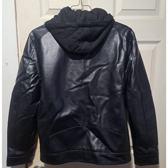 Men's Faux Leather Motorcycle Jacket With Detachable Hood Black Size Large - Picture 4 of 14